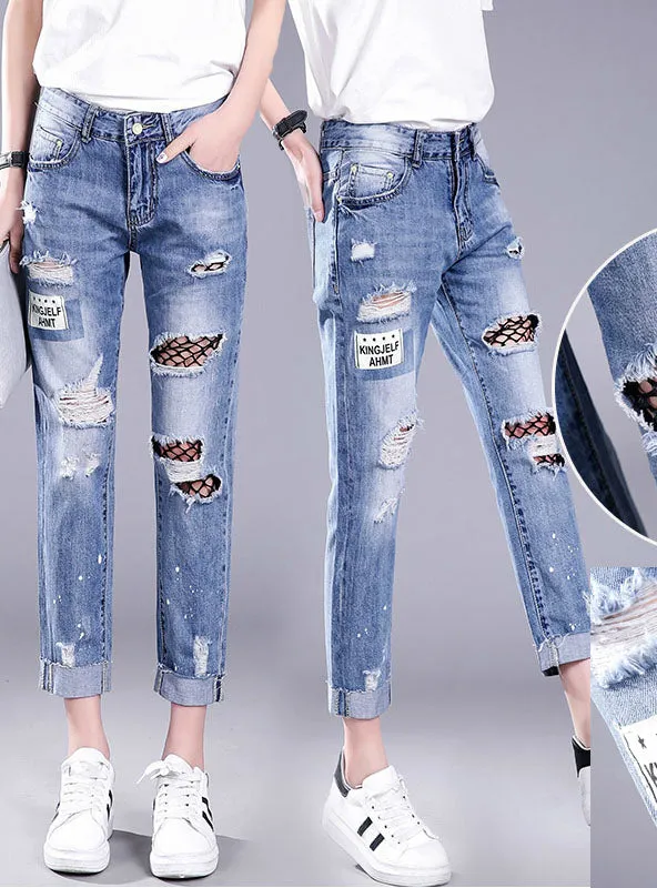 Hollow Out Ripped Jeans Female Black Mesh Jeans