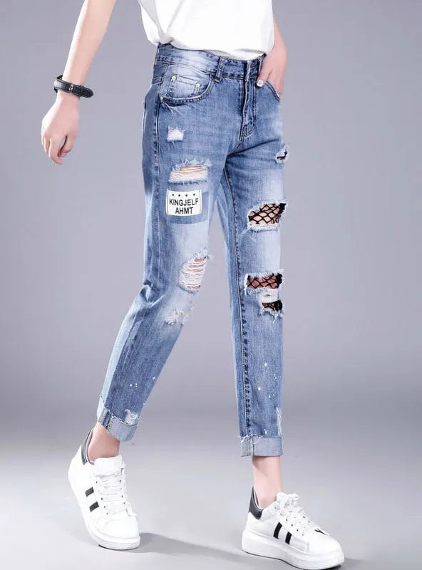 Hollow Out Ripped Jeans Female Black Mesh Jeans