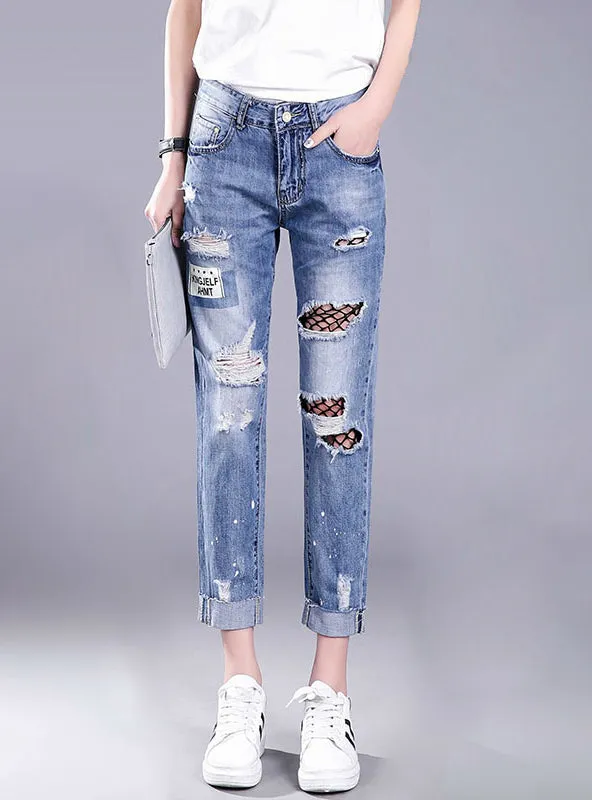 Hollow Out Ripped Jeans Female Black Mesh Jeans