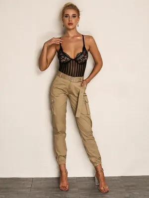 Joyfunear Pocket Side Elastic Hem Belted Utility Pants