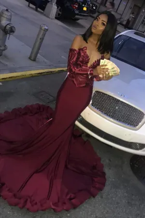 Long Mermaid Sweetheart Satin Prom Dress with Sleeves