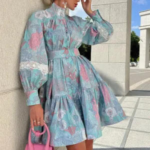 Long Sleeve High Neck Swing Print Dress