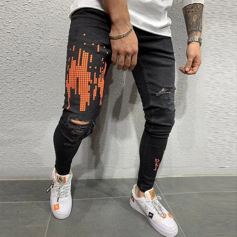 Men's Casual Slim Fit Printed Holes Trousers Jeans