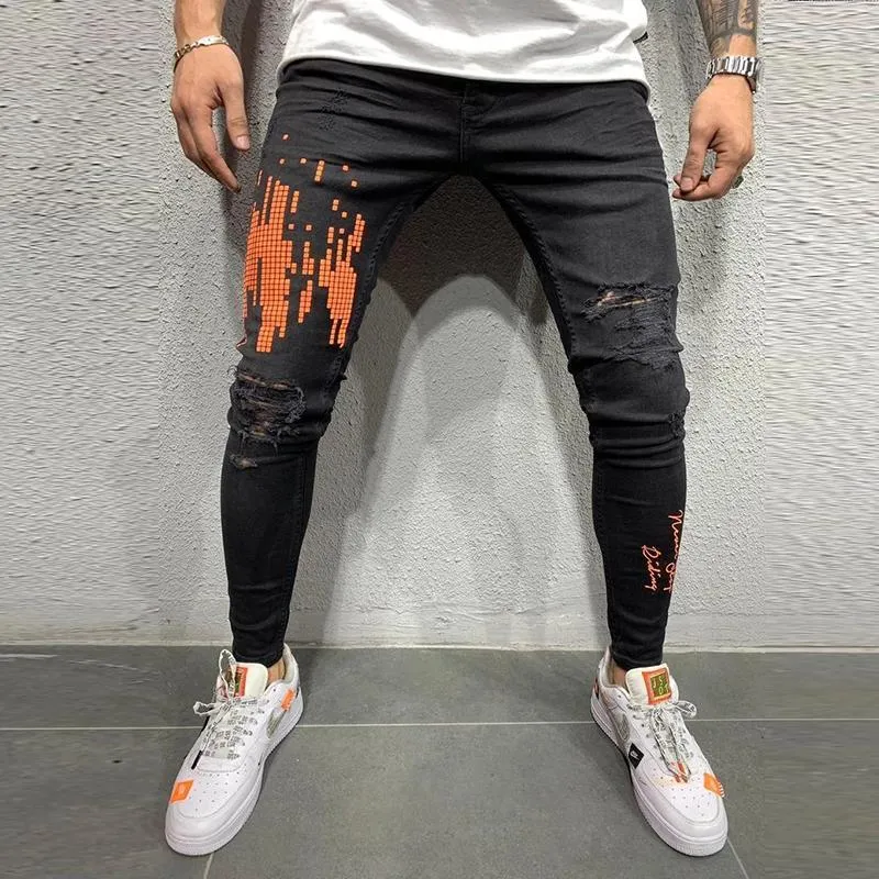 Men's Casual Slim Fit Printed Holes Trousers Jeans