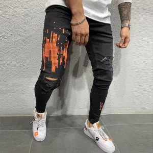 Men's Casual Slim Fit Printed Holes Trousers Jeans