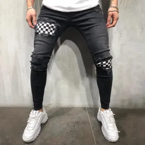 Men's Ripped Plaid Skinny Stretch Distressed Jeans