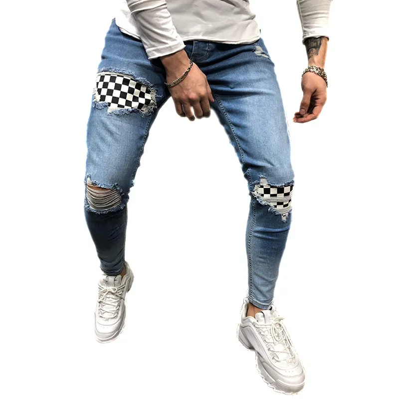 Men's Ripped Plaid Skinny Stretch Distressed Jeans