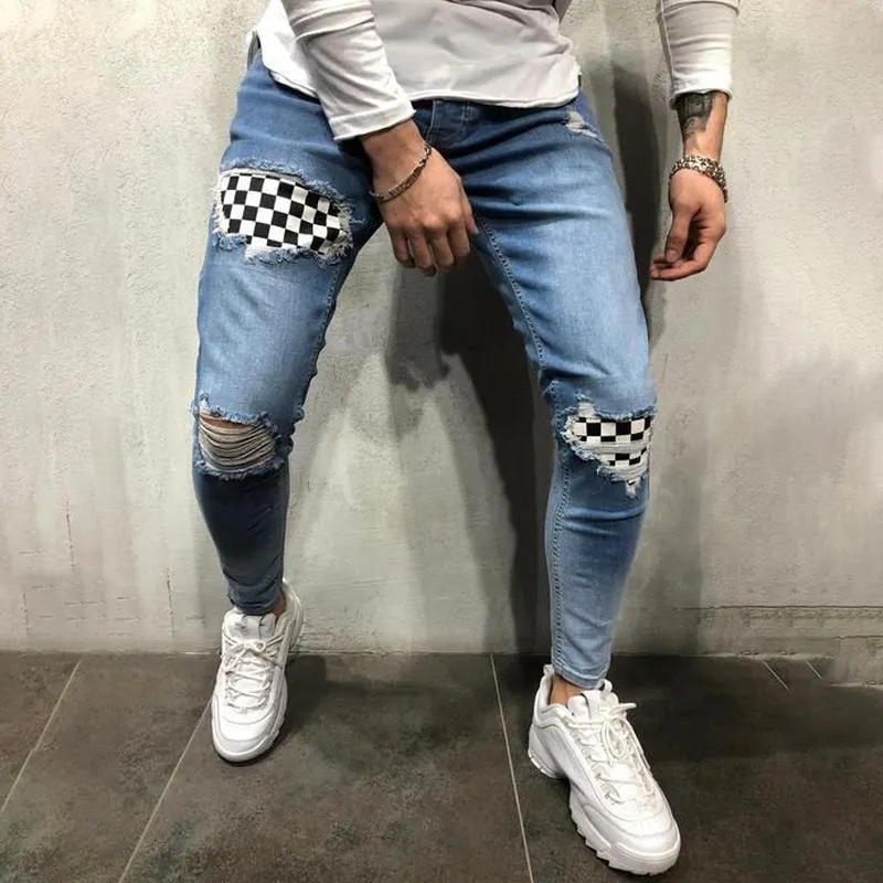 Men's Ripped Plaid Skinny Stretch Distressed Jeans