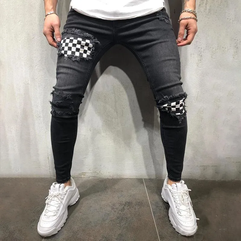 Men's Ripped Plaid Skinny Stretch Distressed Jeans