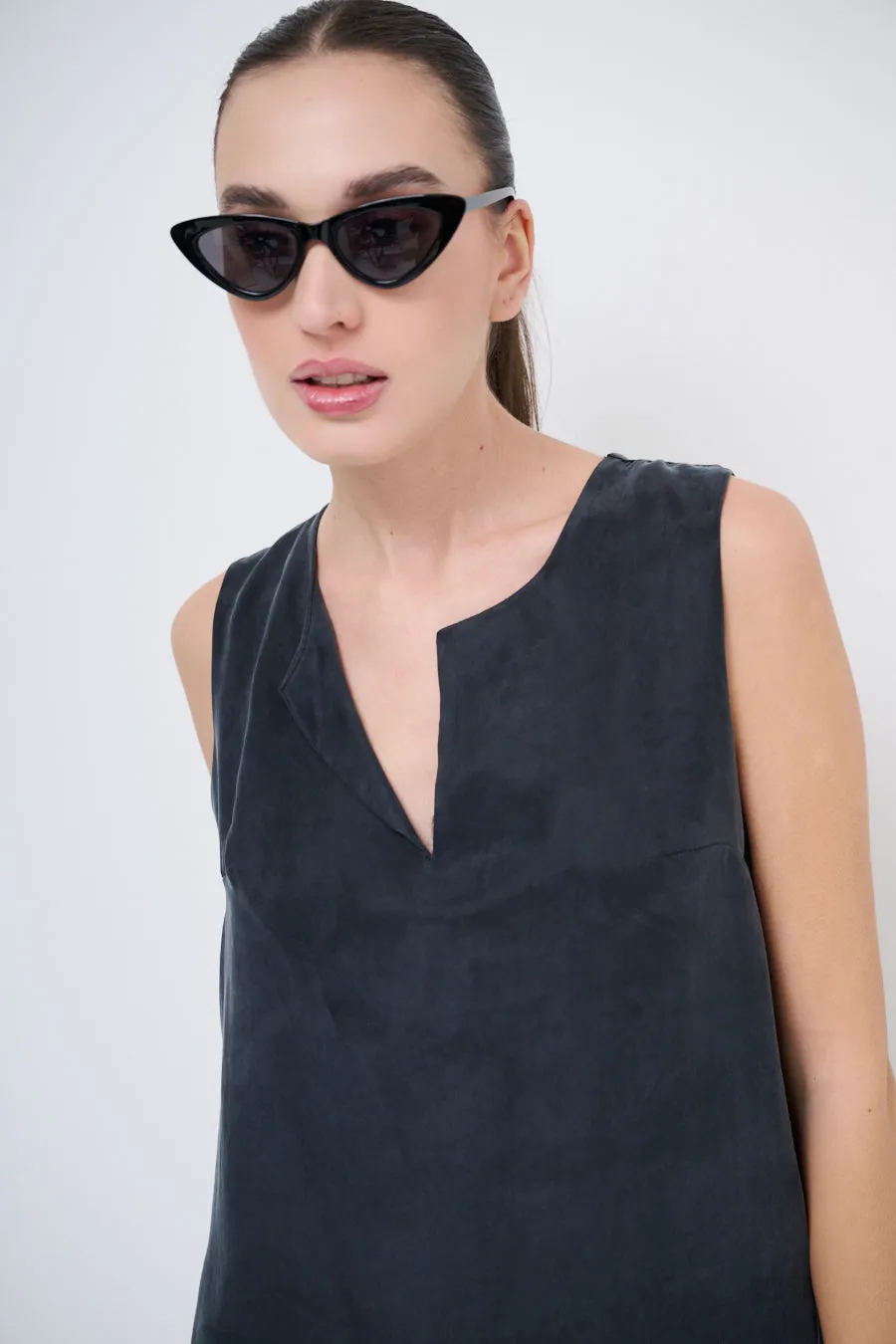 Minimalist sleeveless suede shift dress wholesale