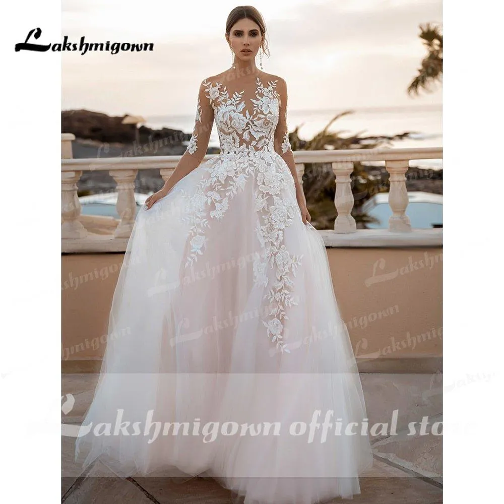 NumberSea Blush Pink Wedding Dress 2022 Floral Appliques Three Quarter Scoop Neck Backless A-Line Court TrainTulle Bridal Gowns Vestido