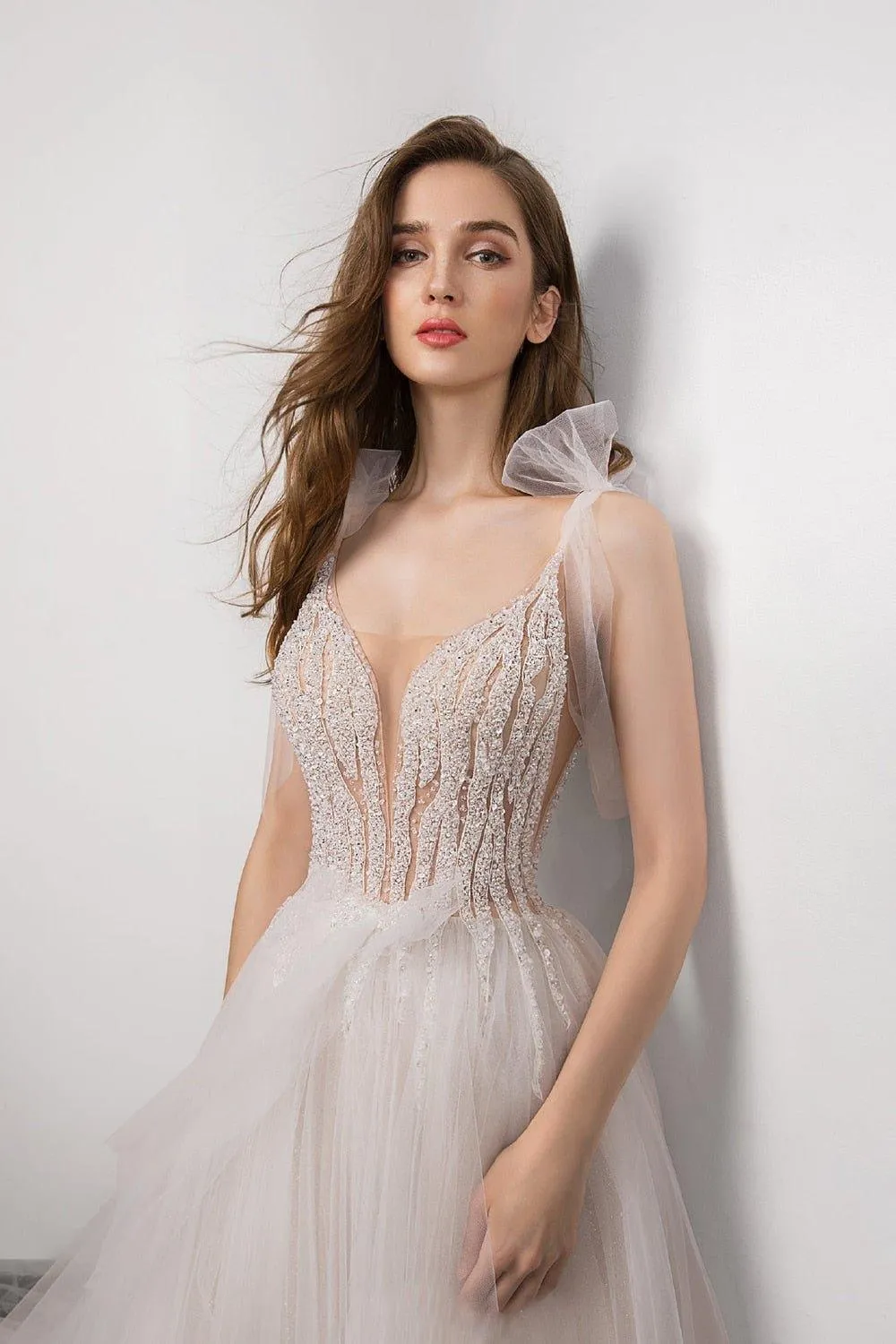 NumberSea boho Bridal Gown 2021 new Sexy V-neck backless Bride Wedding Dress Luxury Crystal and Pearls Vestido de novia Robe de mariee