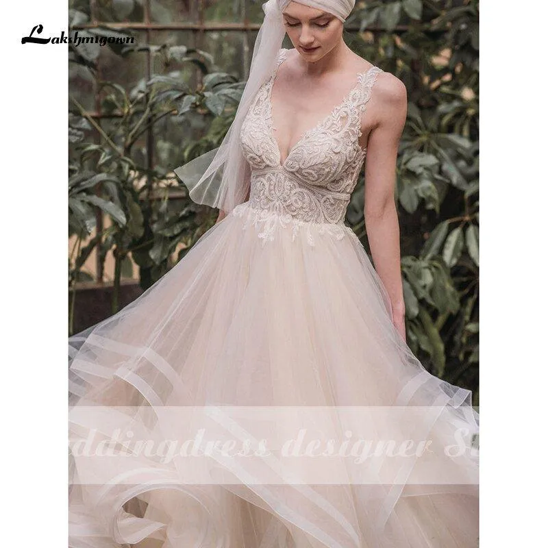 NumberSea Boho Lace Wedding Dresses 2021 Lakshmigown Vestido de Noche New V Neck Luxury Beading Sexy Lace Bridal Gown Robe Mariee