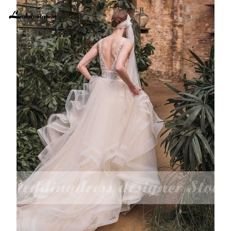 NumberSea Boho Lace Wedding Dresses 2021 Lakshmigown Vestido de Noche New V Neck Luxury Beading Sexy Lace Bridal Gown Robe Mariee