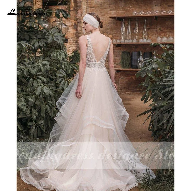 NumberSea Boho Lace Wedding Dresses 2021 Lakshmigown Vestido de Noche New V Neck Luxury Beading Sexy Lace Bridal Gown Robe Mariee