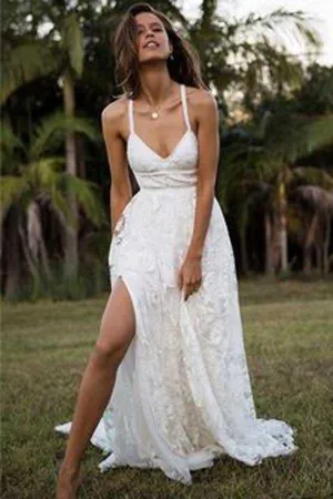 NumberSea Charming Fashion A-line Lace Spaghetti Straps Long Wedding Dresses, Bridal Gown, MW114