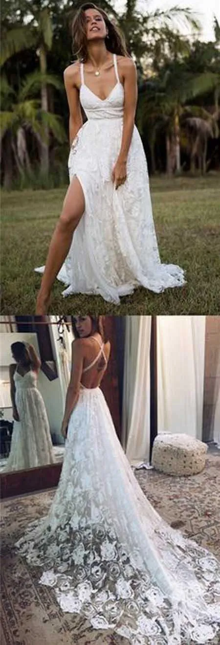 NumberSea Charming Fashion A-line Lace Spaghetti Straps Long Wedding Dresses, Bridal Gown, MW114
