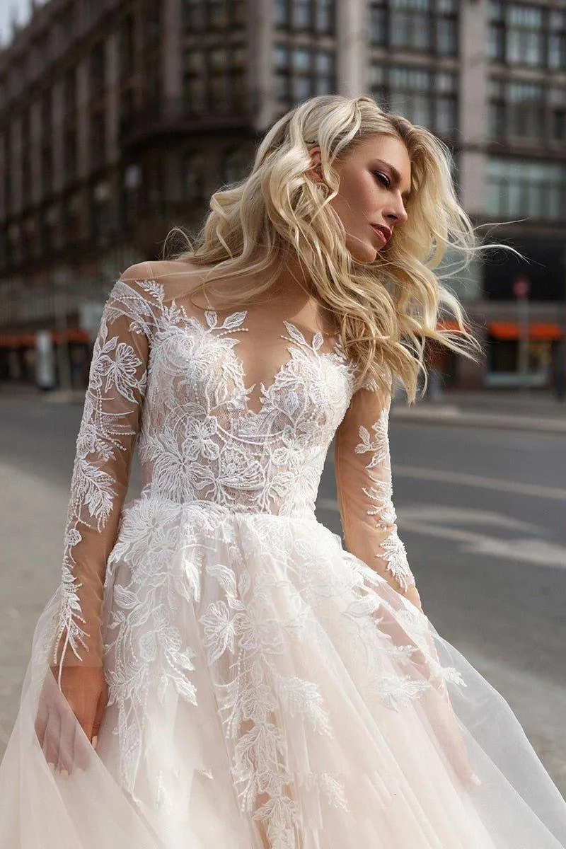 NumberSea Long Sleeve Boho Wedding Dresses V Neck Backless Ivory Lace Appliques Beach Bridal Gowns Bohemian Wedding Dresses Custom Made