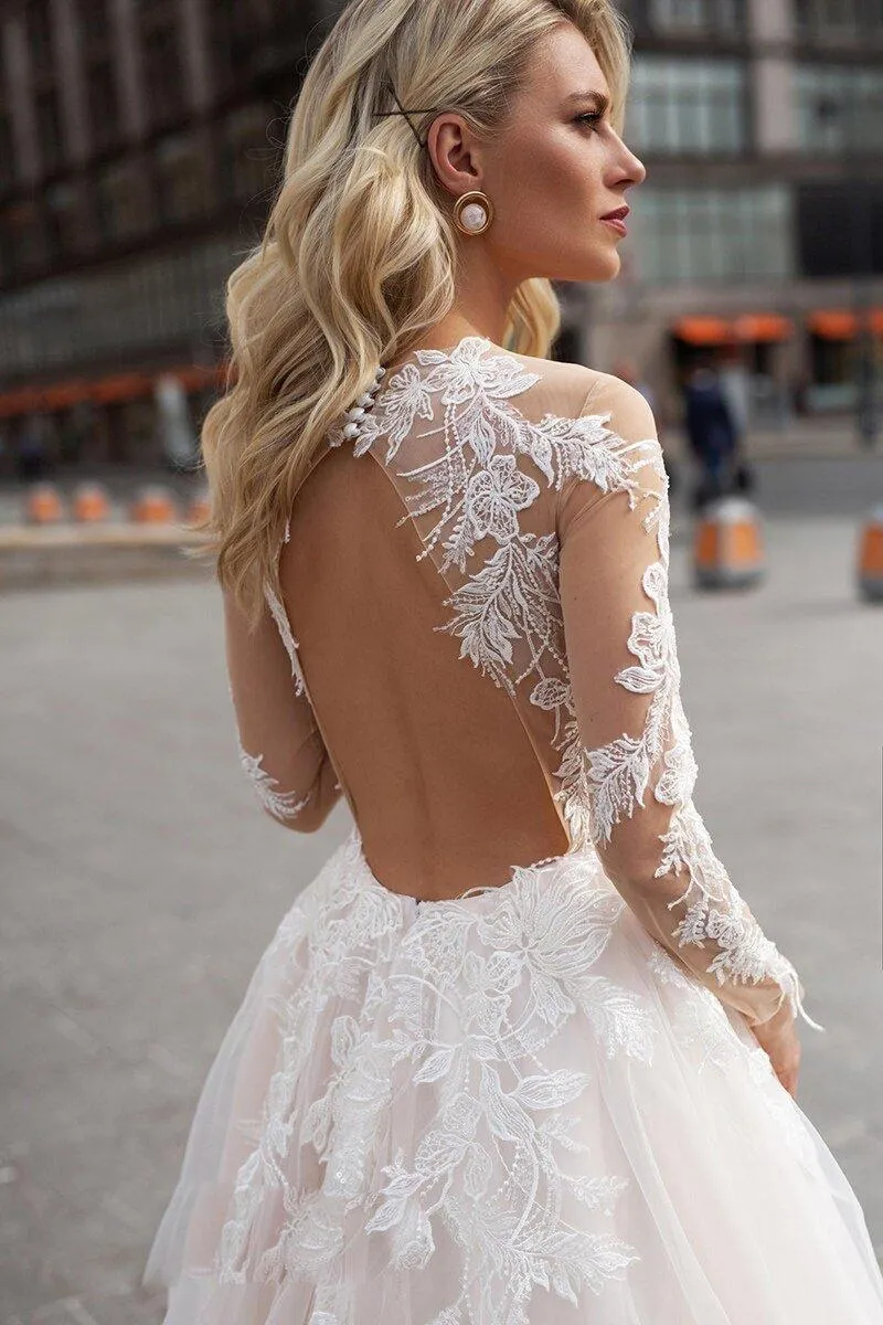 NumberSea Long Sleeve Boho Wedding Dresses V Neck Backless Ivory Lace Appliques Beach Bridal Gowns Bohemian Wedding Dresses Custom Made