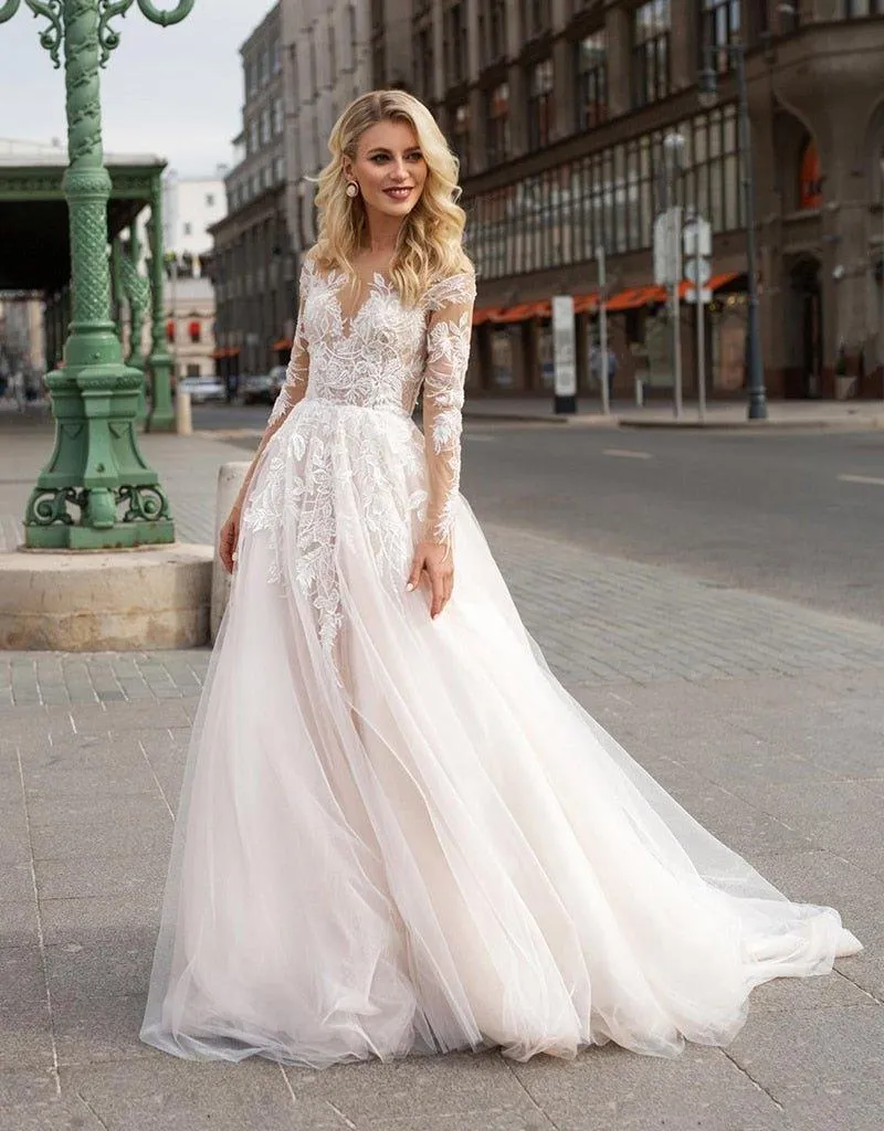 NumberSea Long Sleeve Boho Wedding Dresses V Neck Backless Ivory Lace Appliques Beach Bridal Gowns Bohemian Wedding Dresses Custom Made