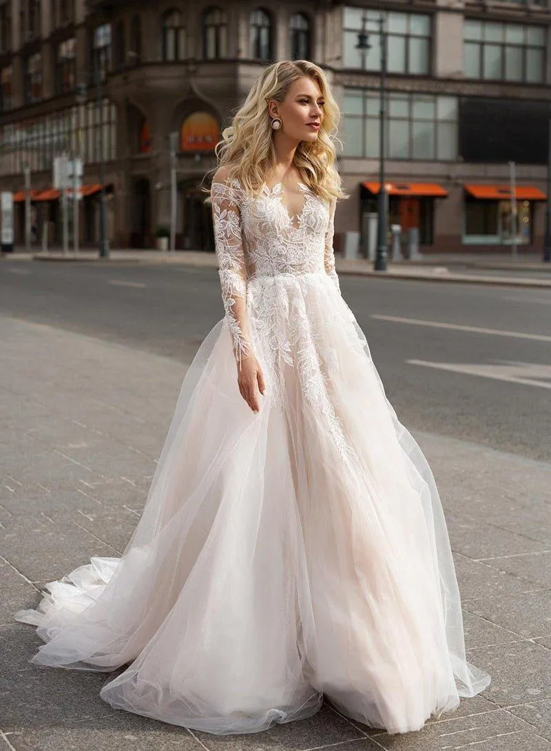 NumberSea Long Sleeve Boho Wedding Dresses V Neck Backless Ivory Lace Appliques Beach Bridal Gowns Bohemian Wedding Dresses Custom Made