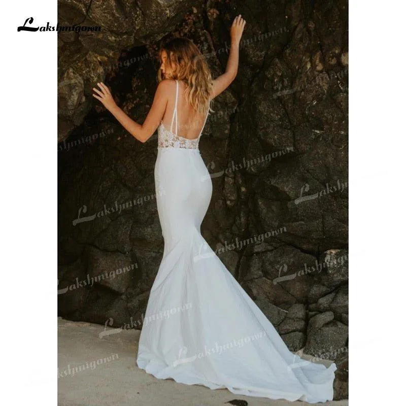 NumberSea Mermaid Soft Satin Wedding Dresses Spaghetti Straps Sleeveless Sexy Low V-Neck Beading Lace Appliques Cathedral Train Bride Gown