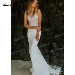 NumberSea Mermaid Soft Satin Wedding Dresses Spaghetti Straps Sleeveless Sexy Low V-Neck Beading Lace Appliques Cathedral Train Bride Gown