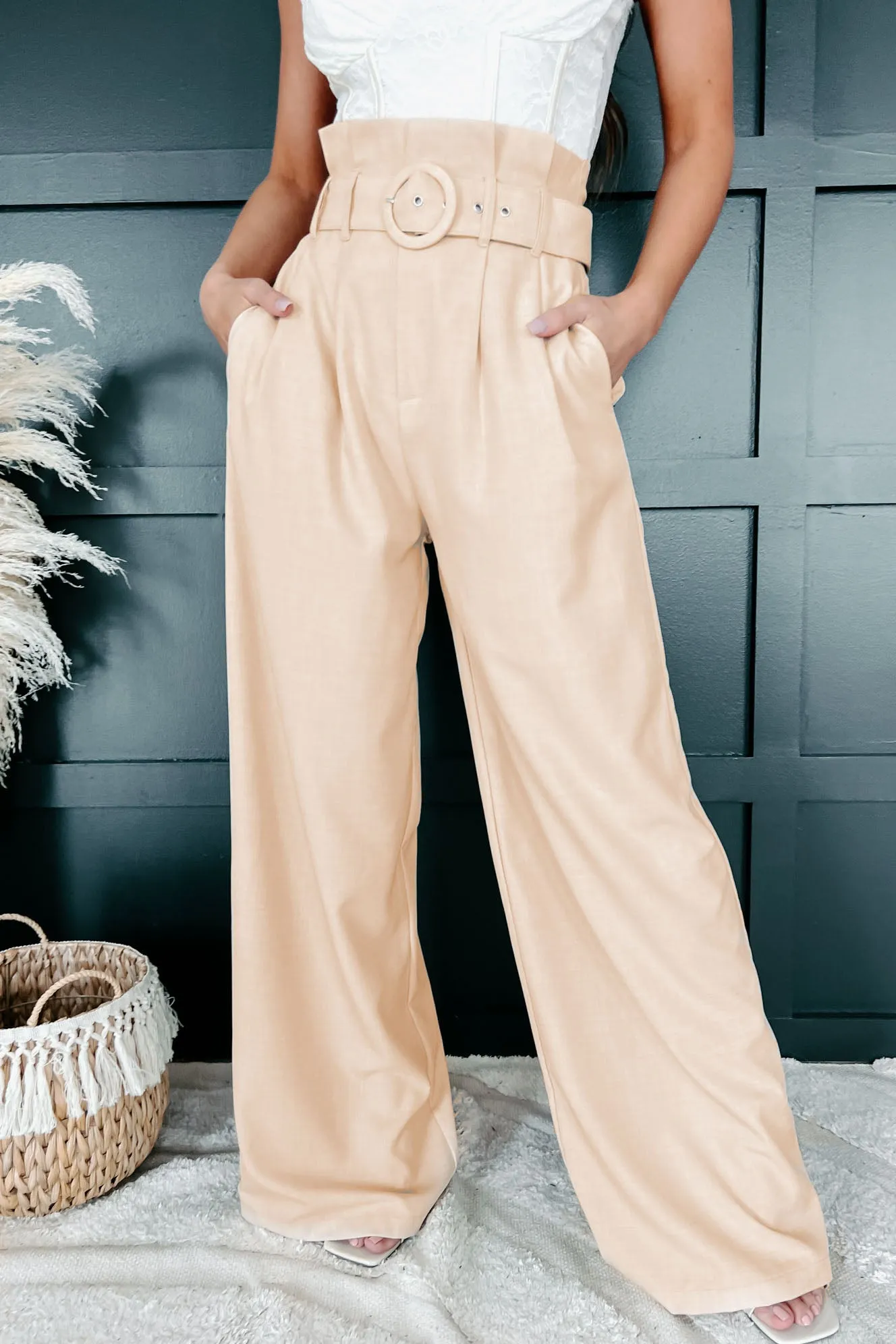 Paring Well Belted Paperbag Waist Wide Leg Pant (Beige)