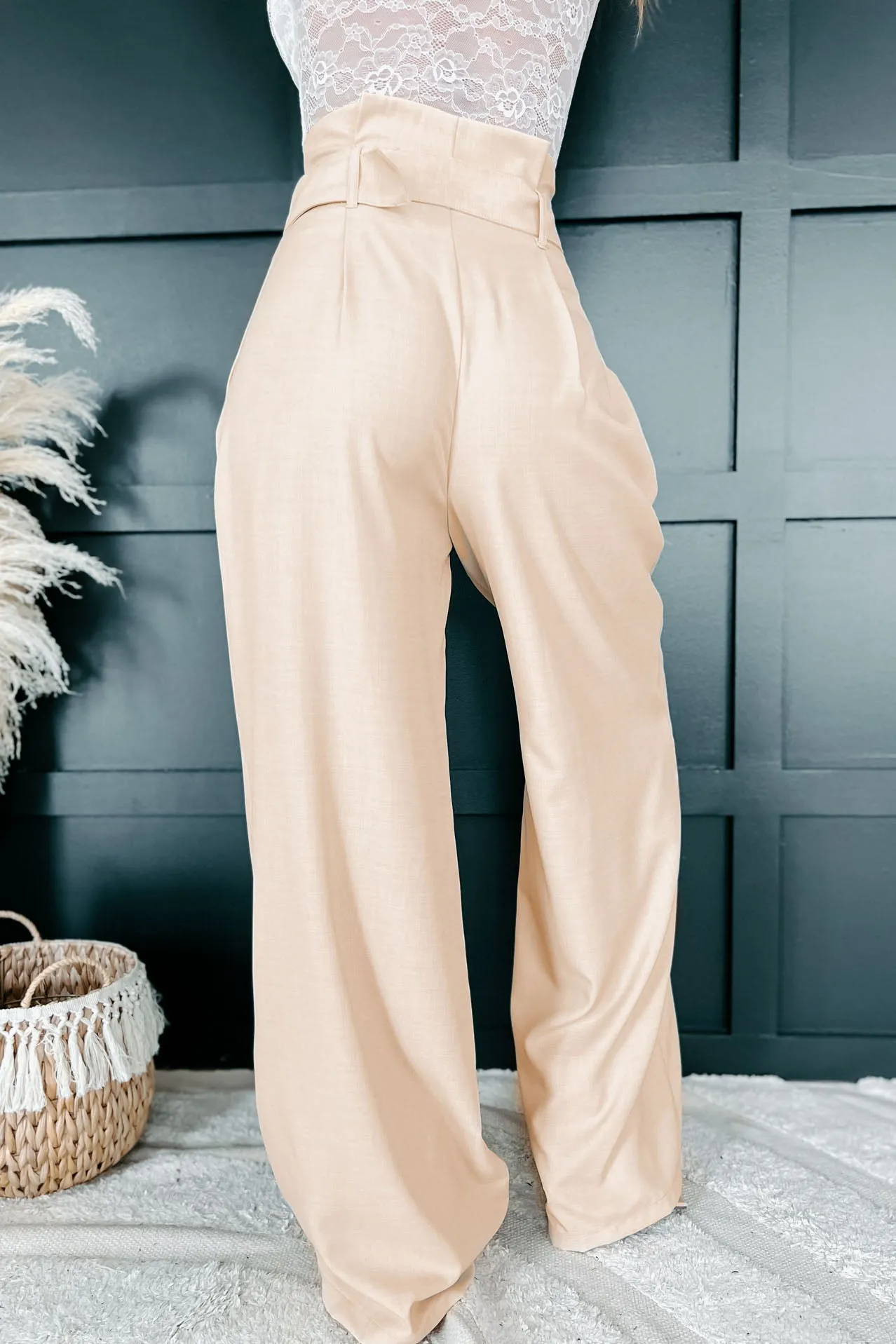 Paring Well Belted Paperbag Waist Wide Leg Pant (Beige)