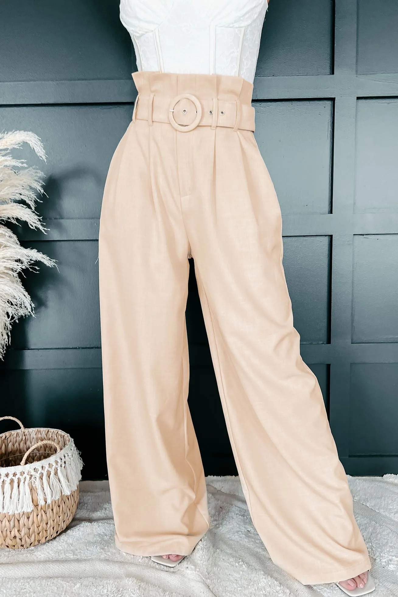 Paring Well Belted Paperbag Waist Wide Leg Pant (Beige)