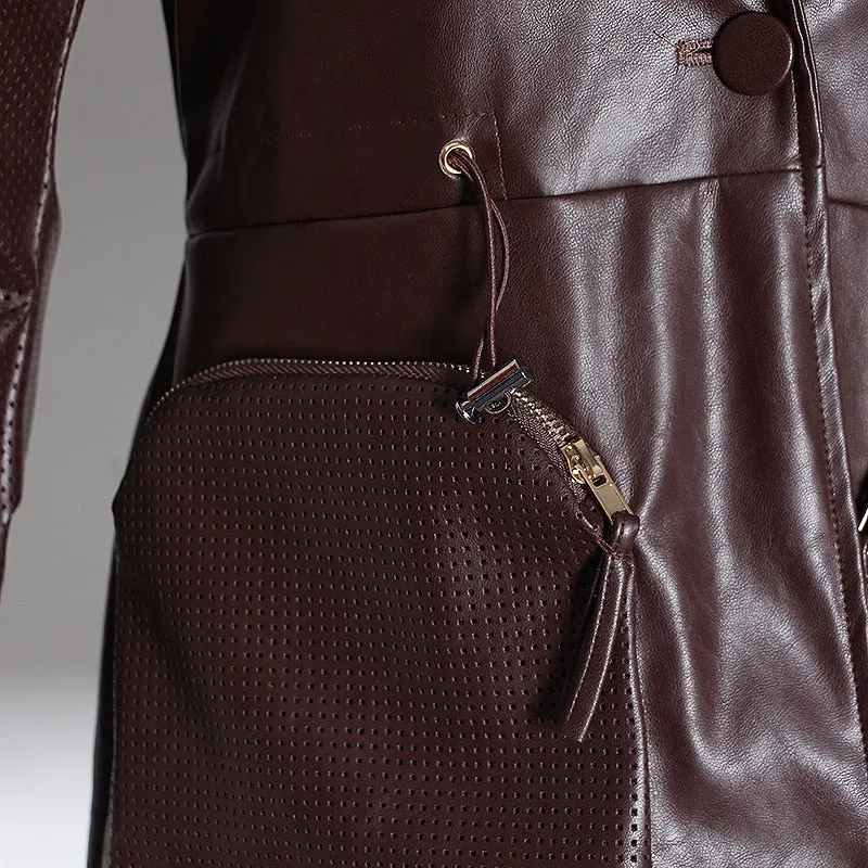 Ruched Puff Sleeve Notched Pocket Drawstring High Waist  Coat