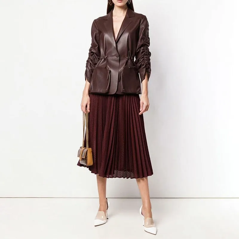 Ruched Puff Sleeve Notched Pocket Drawstring High Waist  Coat