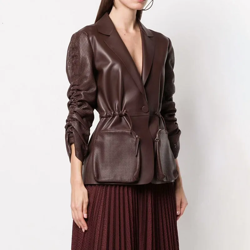 Ruched Puff Sleeve Notched Pocket Drawstring High Waist  Coat