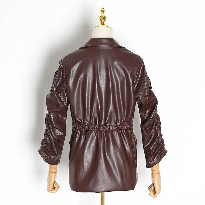 Ruched Puff Sleeve Notched Pocket Drawstring High Waist  Coat