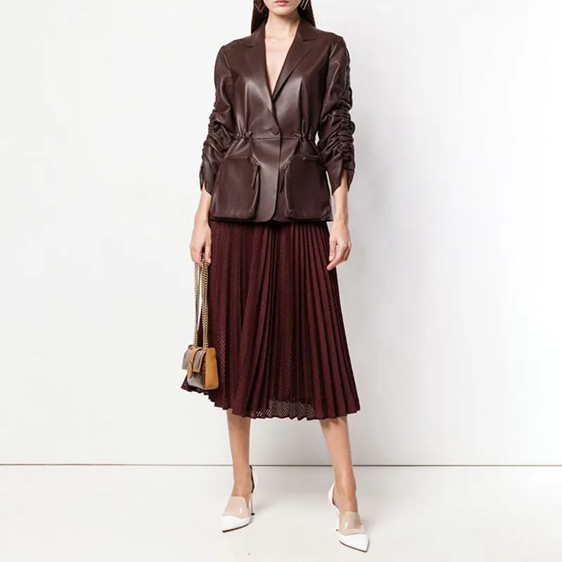 Ruched Puff Sleeve Notched Pocket Drawstring High Waist  Coat