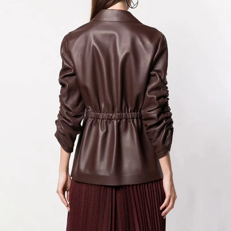 Ruched Puff Sleeve Notched Pocket Drawstring High Waist  Coat